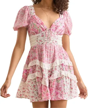 Melliflo Floral Mini Dress for Women Y2K Lace Tiered Ruffle Patchwork Dress Short Puff Sleeve Tie Back Boho Sundress
