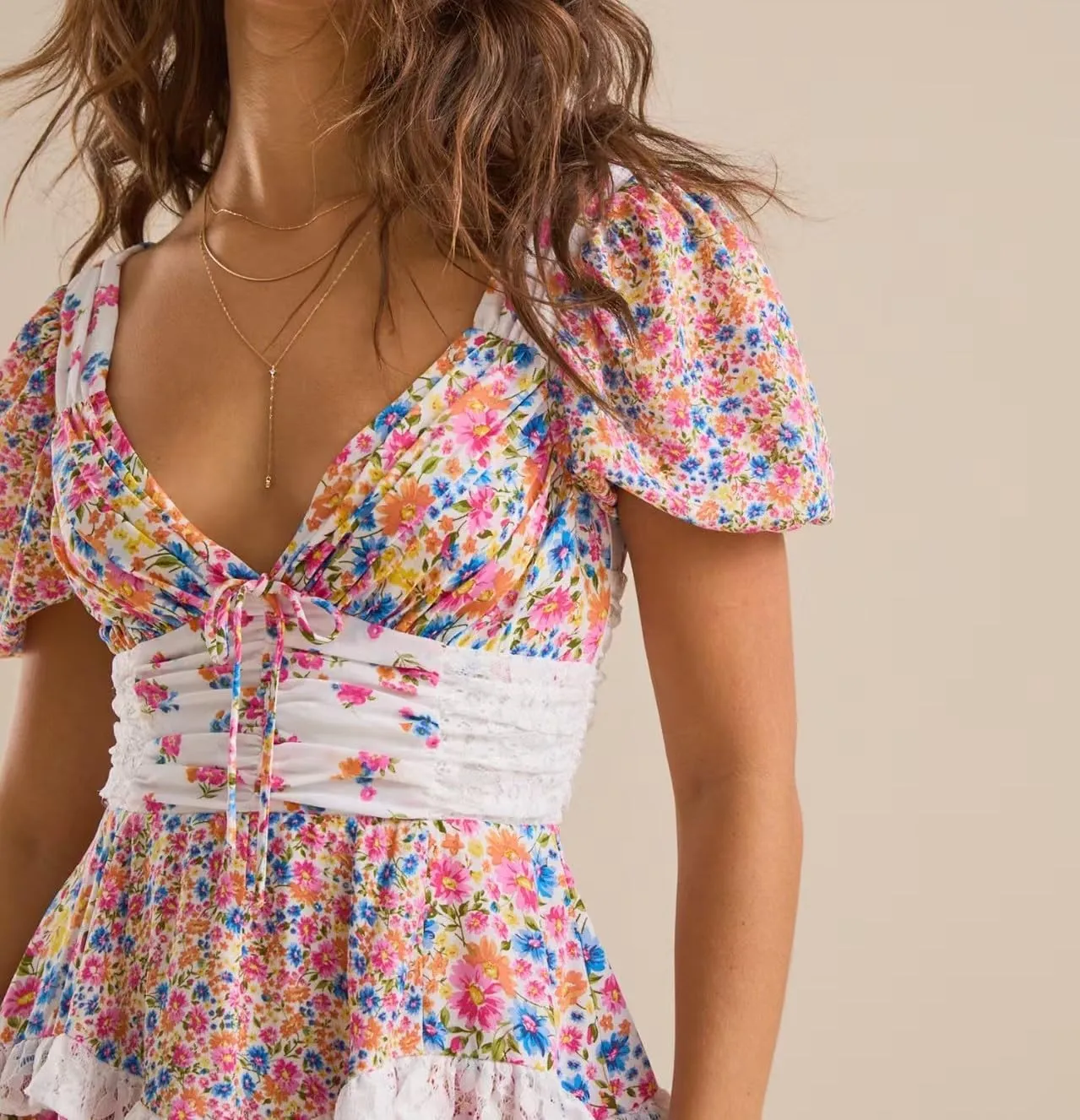 Melliflo Floral Mini Dress for Women Y2K Lace Tiered Ruffle Patchwork Dress Short Puff Sleeve Tie Back Boho Sundress