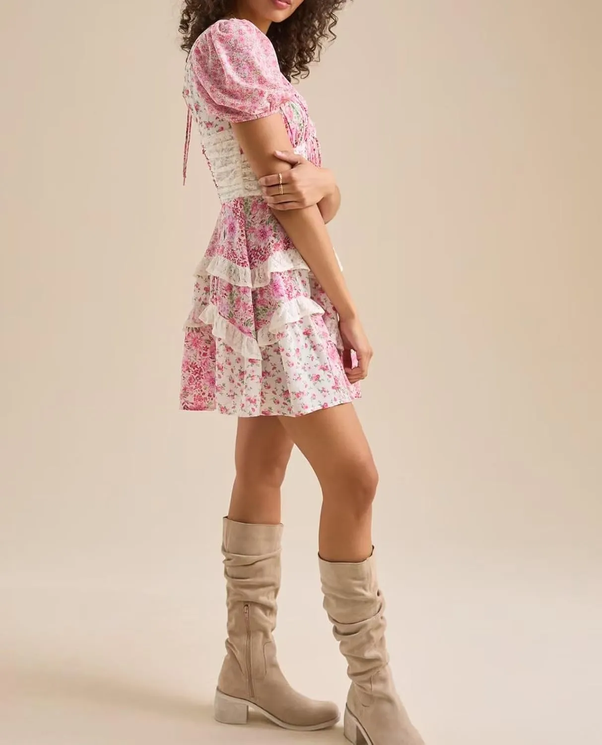 Melliflo Floral Mini Dress for Women Y2K Lace Tiered Ruffle Patchwork Dress Short Puff Sleeve Tie Back Boho Sundress