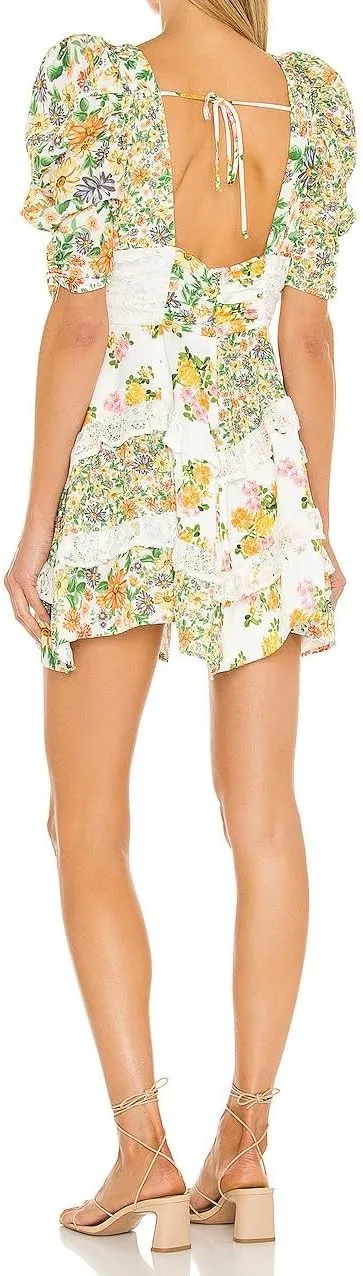 Melliflo Floral Mini Dress for Women Y2K Lace Tiered Ruffle Patchwork Dress Short Puff Sleeve Tie Back Boho Sundress