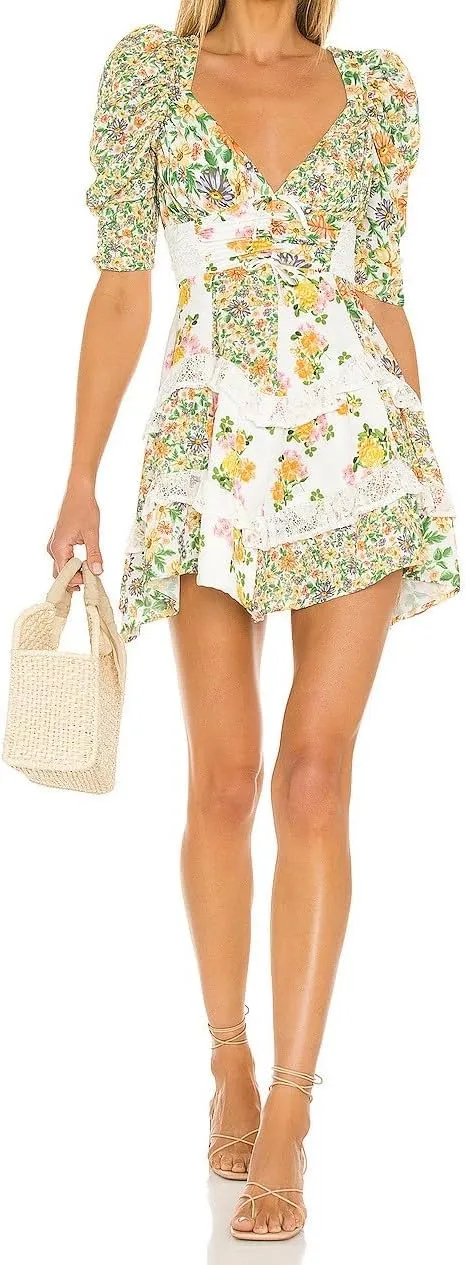 Melliflo Floral Mini Dress for Women Y2K Lace Tiered Ruffle Patchwork Dress Short Puff Sleeve Tie Back Boho Sundress