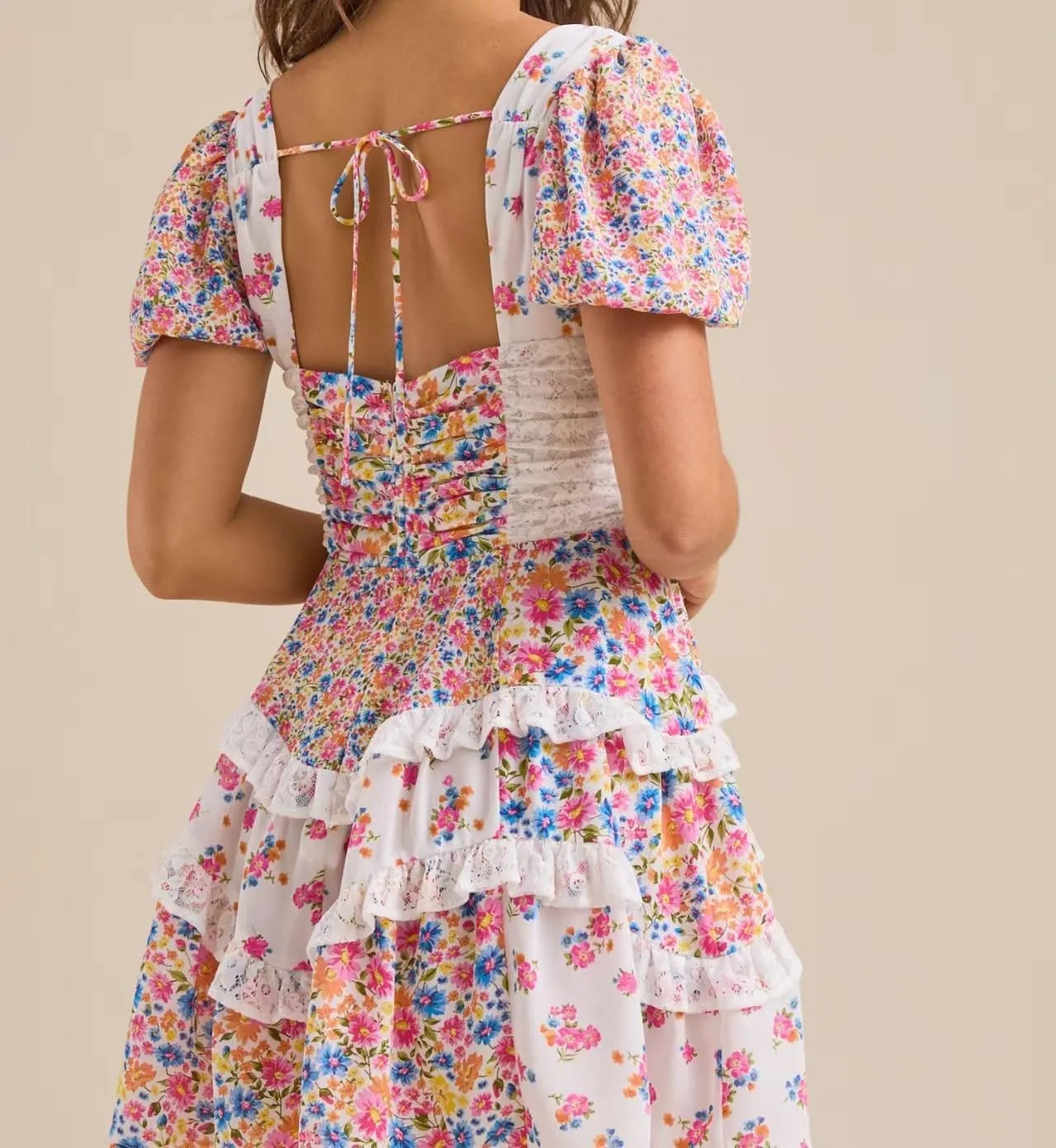 Melliflo Floral Mini Dress for Women Y2K Lace Tiered Ruffle Patchwork Dress Short Puff Sleeve Tie Back Boho Sundress