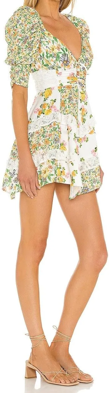 Melliflo Floral Mini Dress for Women Y2K Lace Tiered Ruffle Patchwork Dress Short Puff Sleeve Tie Back Boho Sundress