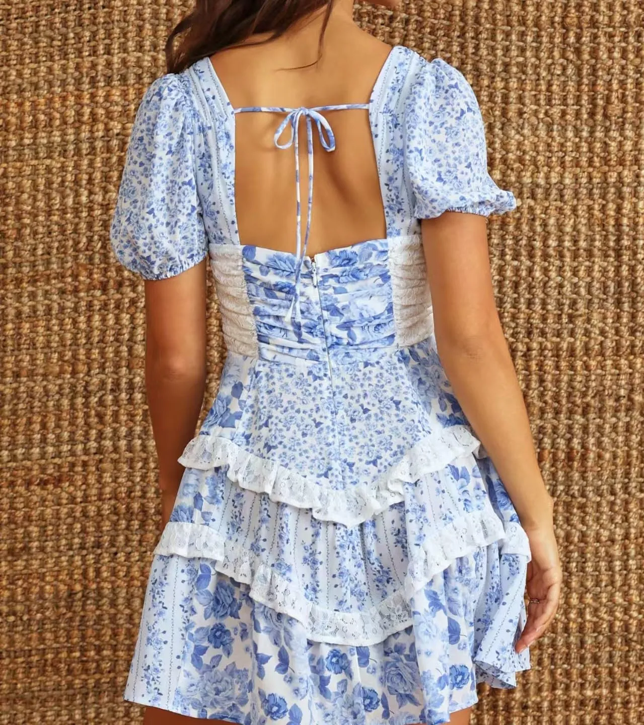 Melliflo Floral Mini Dress for Women Y2K Lace Tiered Ruffle Patchwork Dress Short Puff Sleeve Tie Back Boho Sundress