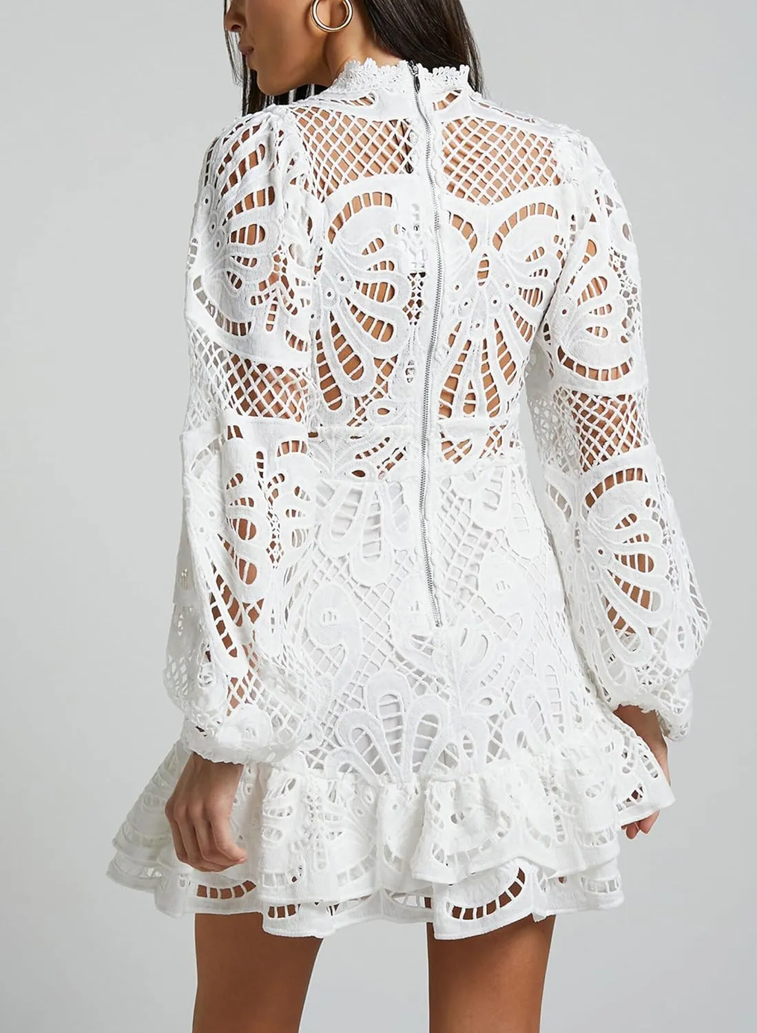 Melliflo Women Lantern Long Sleeve Cocktail Dress A-Line Ruffle Hollow Lace Dresses Stand Collar Floral Lace Shift Mini Dress