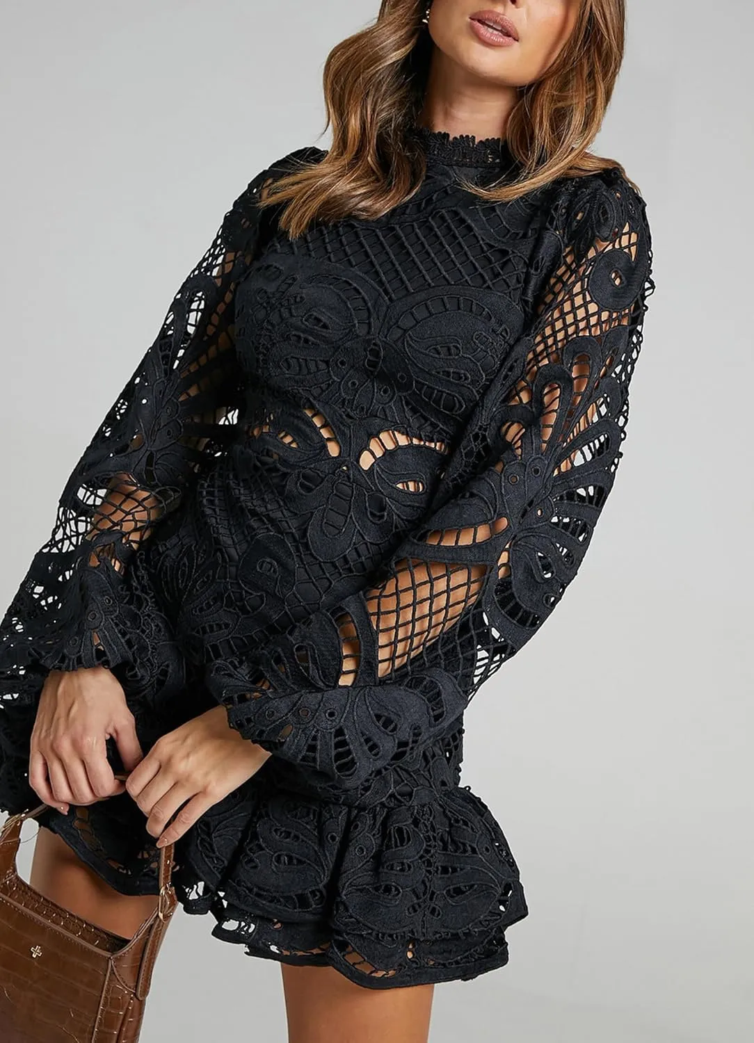 Melliflo Women Lantern Long Sleeve Cocktail Dress A-Line Ruffle Hollow Lace Dresses Stand Collar Floral Lace Shift Mini Dress