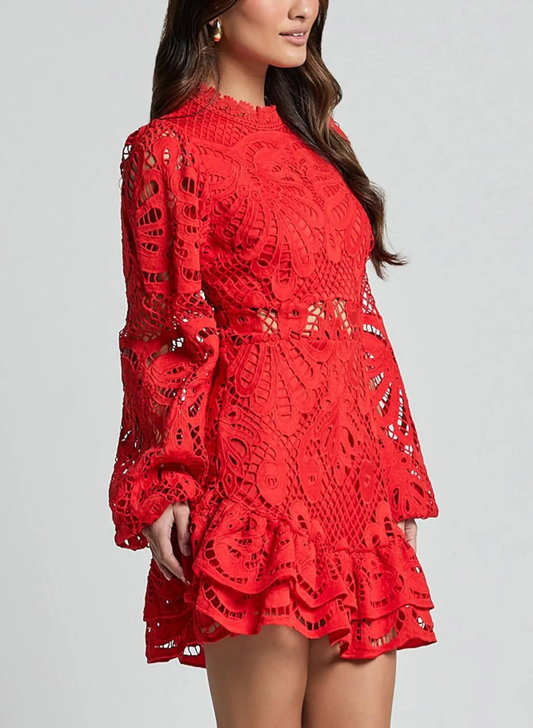 Melliflo Women Lantern Long Sleeve Cocktail Dress A-Line Ruffle Hollow Lace Dresses Stand Collar Floral Lace Shift Mini Dress
