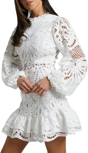 Melliflo Women Lantern Long Sleeve Cocktail Dress A-Line Ruffle Hollow Lace Dresses Stand Collar Floral Lace Shift Mini Dress