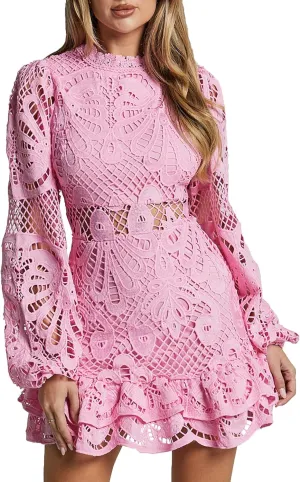 Melliflo Women Lantern Long Sleeve Cocktail Dress A-Line Ruffle Hollow Lace Dresses Stand Collar Floral Lace Shift Mini Dress