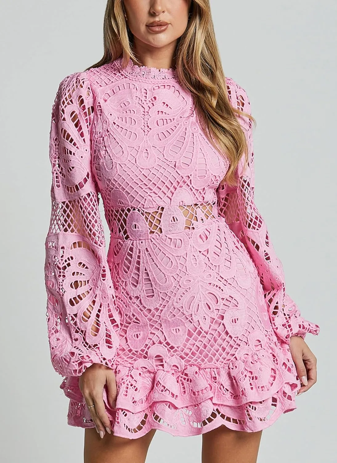 Melliflo Women Lantern Long Sleeve Cocktail Dress A-Line Ruffle Hollow Lace Dresses Stand Collar Floral Lace Shift Mini Dress