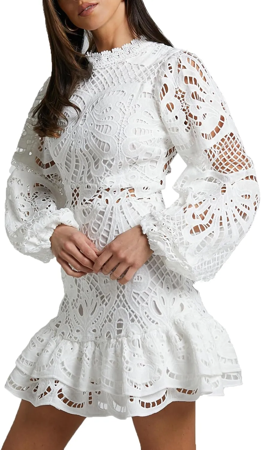 Melliflo Women Lantern Long Sleeve Cocktail Dress A-Line Ruffle Hollow Lace Dresses Stand Collar Floral Lace Shift Mini Dress