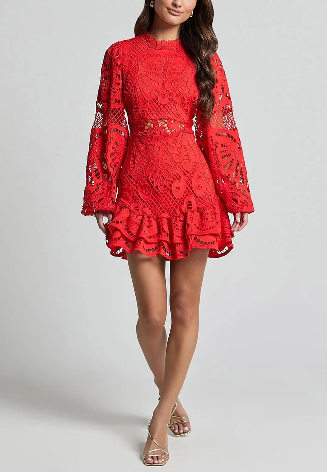 Melliflo Women Lantern Long Sleeve Cocktail Dress A-Line Ruffle Hollow Lace Dresses Stand Collar Floral Lace Shift Mini Dress