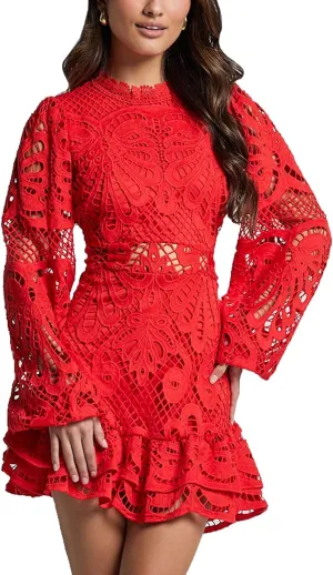 Melliflo Women Lantern Long Sleeve Cocktail Dress A-Line Ruffle Hollow Lace Dresses Stand Collar Floral Lace Shift Mini Dress