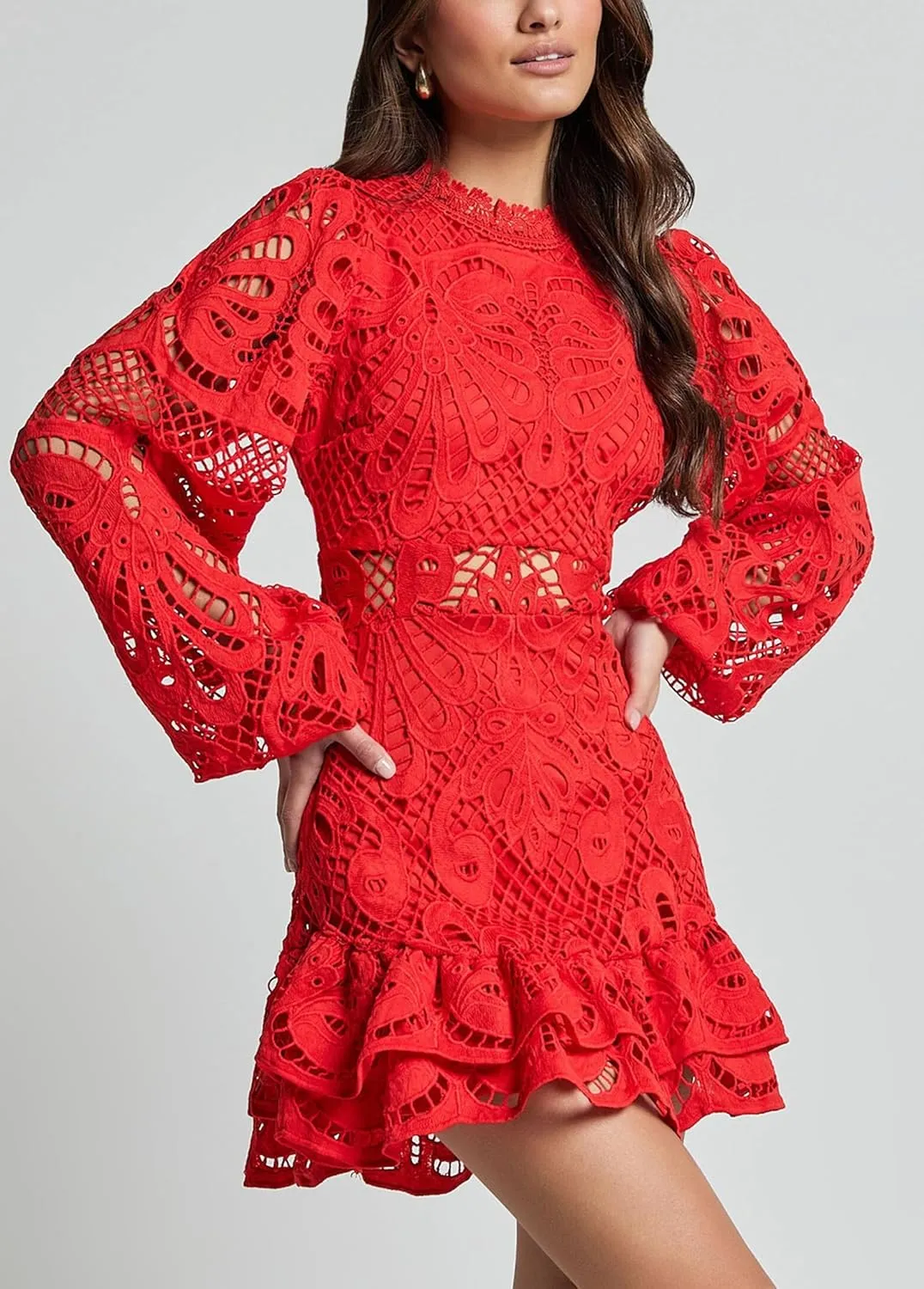 Melliflo Women Lantern Long Sleeve Cocktail Dress A-Line Ruffle Hollow Lace Dresses Stand Collar Floral Lace Shift Mini Dress