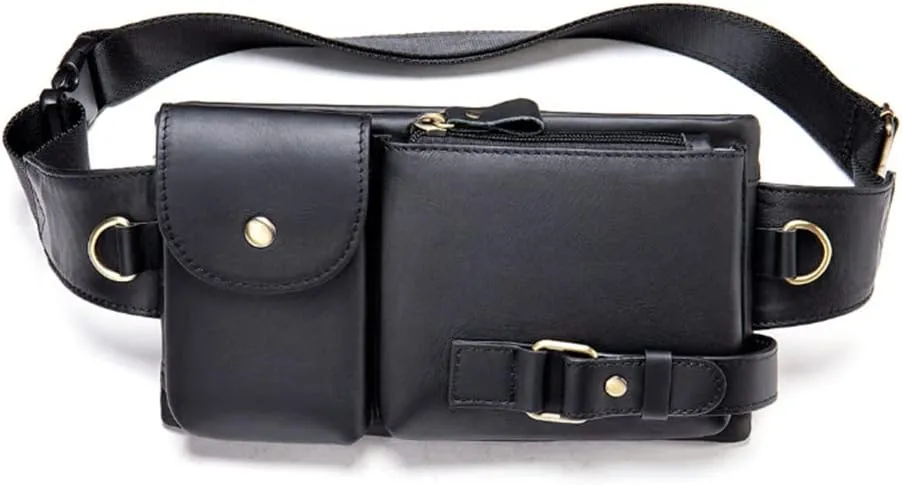 Men Retro Genuine Leather Belt Bag Sport Climbing Fanny Pack Motorcycle Bags-Black 3