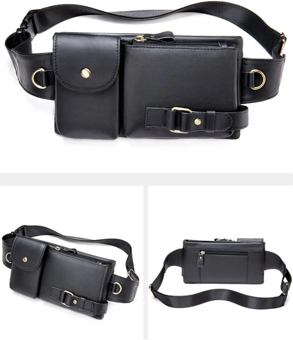 Men Retro Genuine Leather Belt Bag Sport Climbing Fanny Pack Motorcycle Bags-Black 3