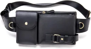 Men Retro Genuine Leather Belt Bag Sport Climbing Fanny Pack Motorcycle Bags-Black 3