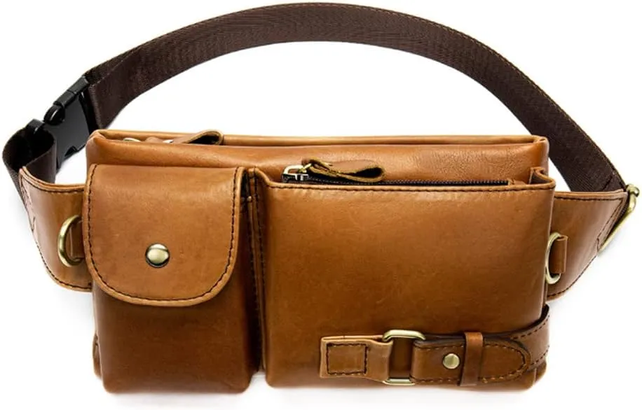 Men Retro Genuine Leather Belt Bag Sport Climbing Fanny Pack Motorcycle Bags-Brown