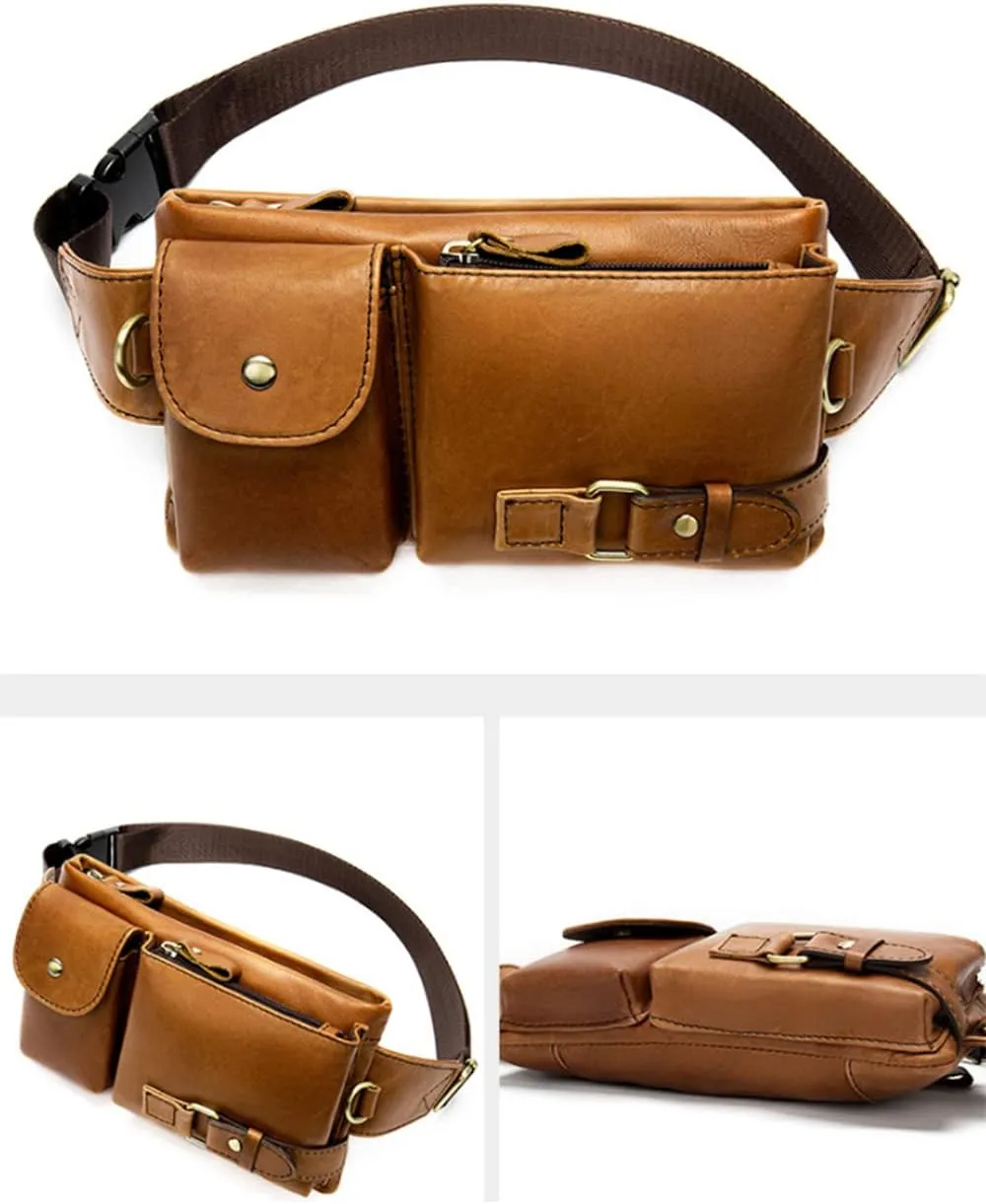 Men Retro Genuine Leather Belt Bag Sport Climbing Fanny Pack Motorcycle Bags-Brown