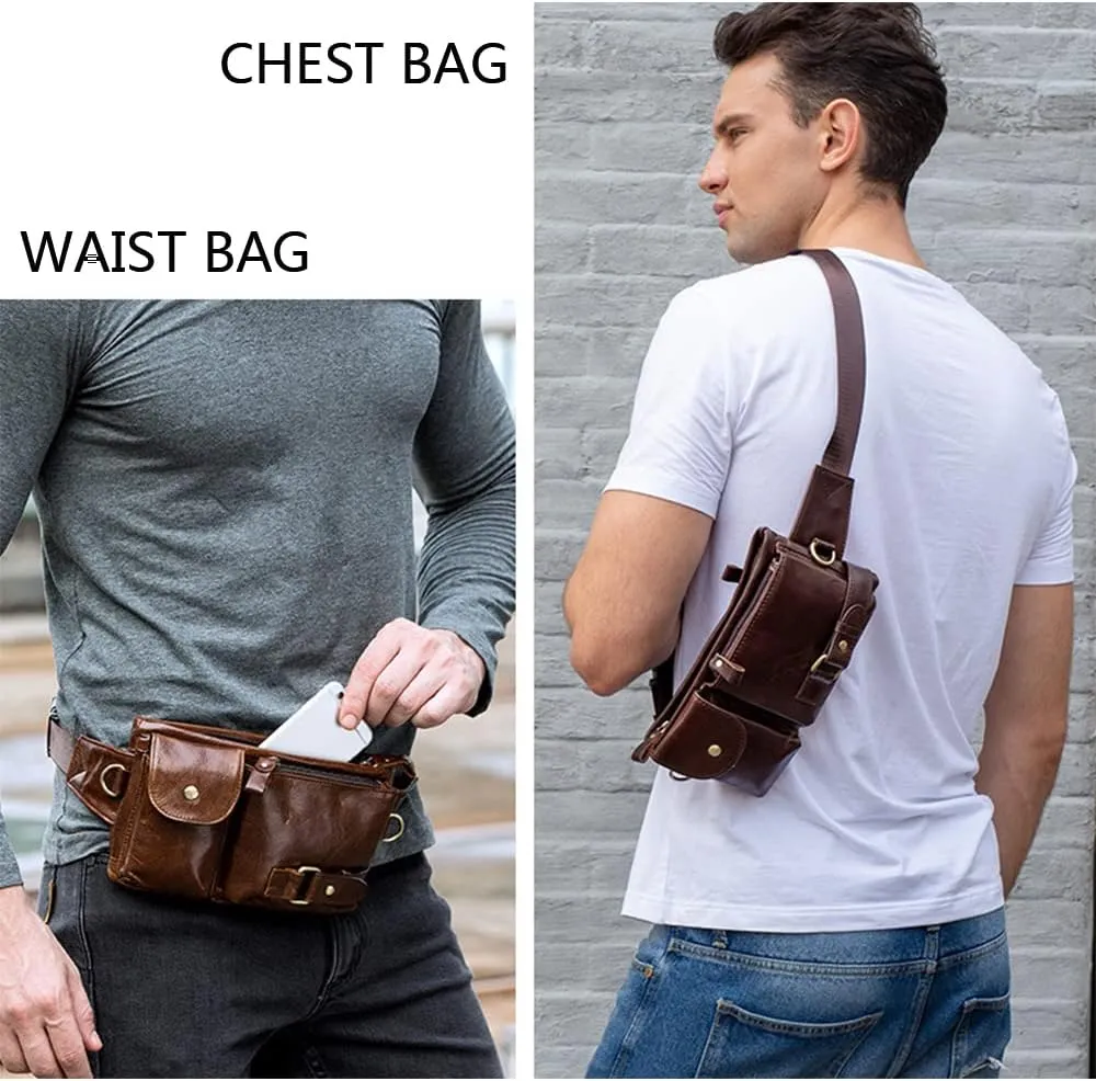 Men Retro Genuine Leather Belt Bag Sport Climbing Fanny Pack Motorcycle Bags-Brown