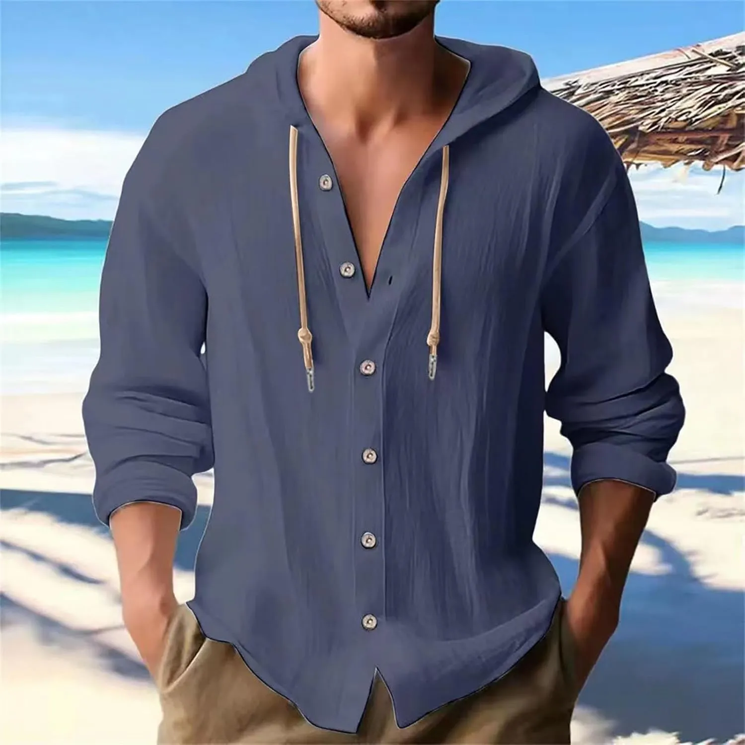 Mens Cotton Linen Shirts Casual Button Down Shirts Long Sleeve Roll-Up Sleeve Summer Shirts with Hood Hawaiian Shirts