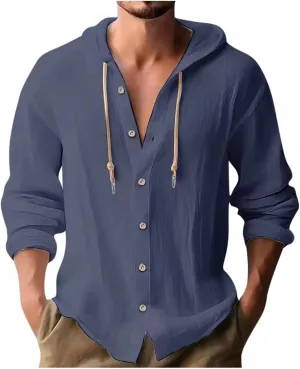 Mens Cotton Linen Shirts Casual Button Down Shirts Long Sleeve Roll-Up Sleeve Summer Shirts with Hood Hawaiian Shirts