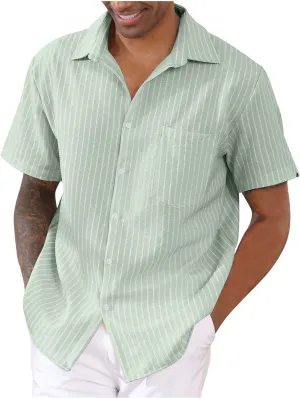 Mens Cotton Linen Vacation T Shirts Striped Short Sleeve Button Dowm Collared Summer Casual Dressy Beach Shirts