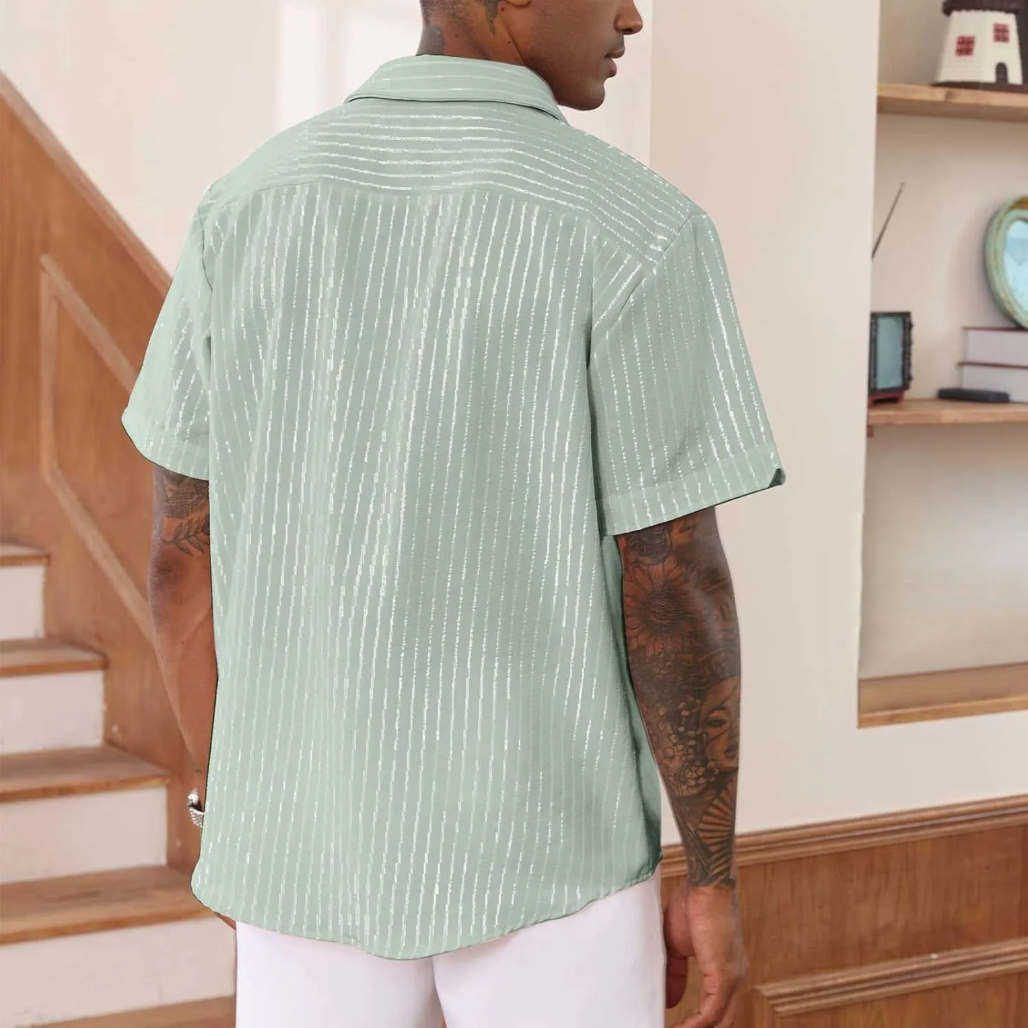 Mens Cotton Linen Vacation T Shirts Striped Short Sleeve Button Dowm Collared Summer Casual Dressy Beach Shirts