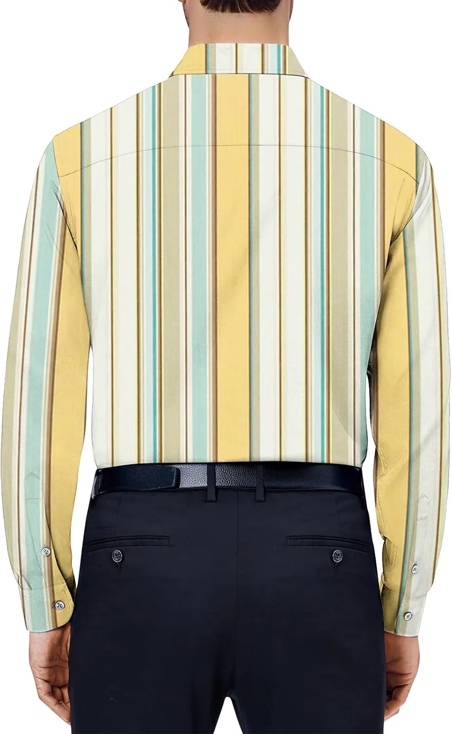 Mens Dress Shirts Long Sleeve Striped Print Collared Shirts Casual Slim Fit Lightweight Button T-Shirts Work Tops