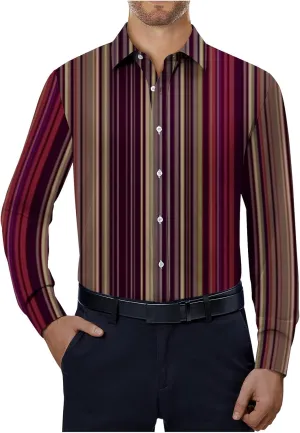 Mens Dress Shirts Long Sleeve Striped Print Collared Shirts Casual Slim Fit Lightweight Button T-Shirts Work Tops
