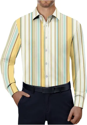 Mens Dress Shirts Long Sleeve Striped Print Collared Shirts Casual Slim Fit Lightweight Button T-Shirts Work Tops