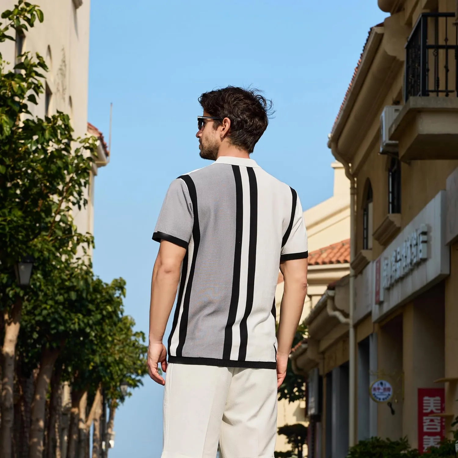 Men's Fashion Knit Polo Shirts Vintage Striped Knitting Shirts Ribbed Slim Fit Golf Shirts
