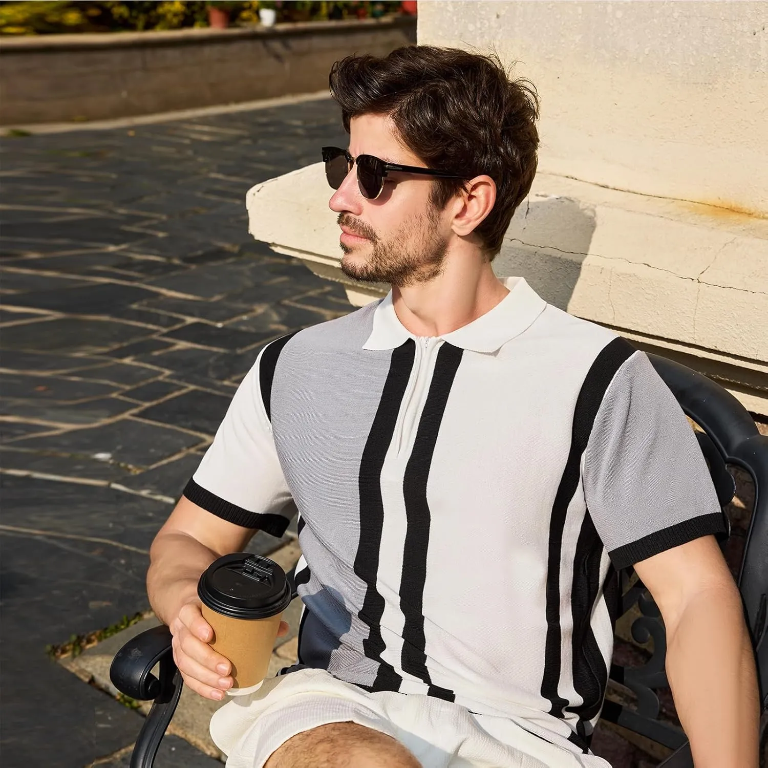 Men's Fashion Knit Polo Shirts Vintage Striped Knitting Shirts Ribbed Slim Fit Golf Shirts