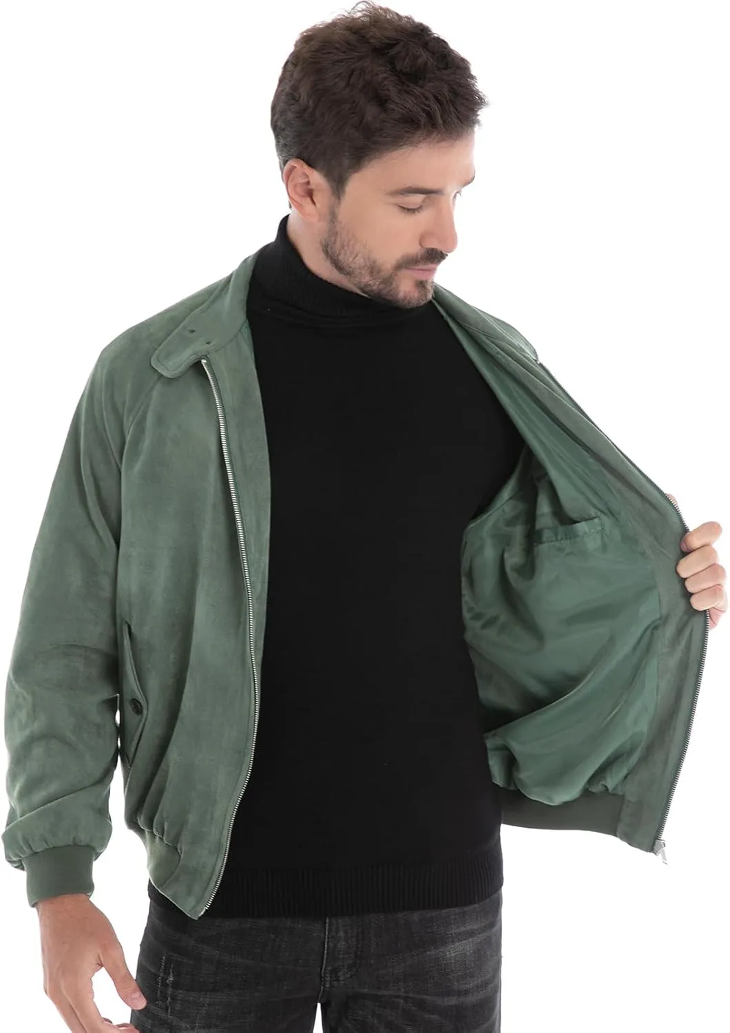 Mens Jacket, Casual Faux Suede Bomber Coat Classic Vintage Work Zip Lightweight