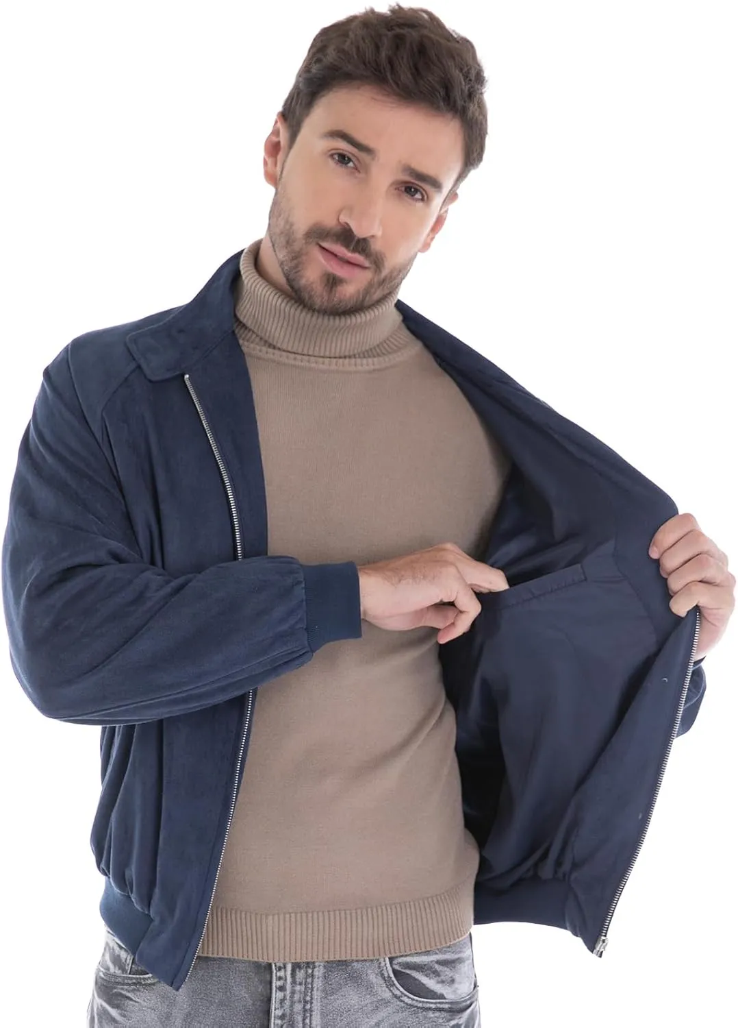 Mens Jacket, Casual Faux Suede Bomber Coat Classic Vintage Work Zip Lightweight
