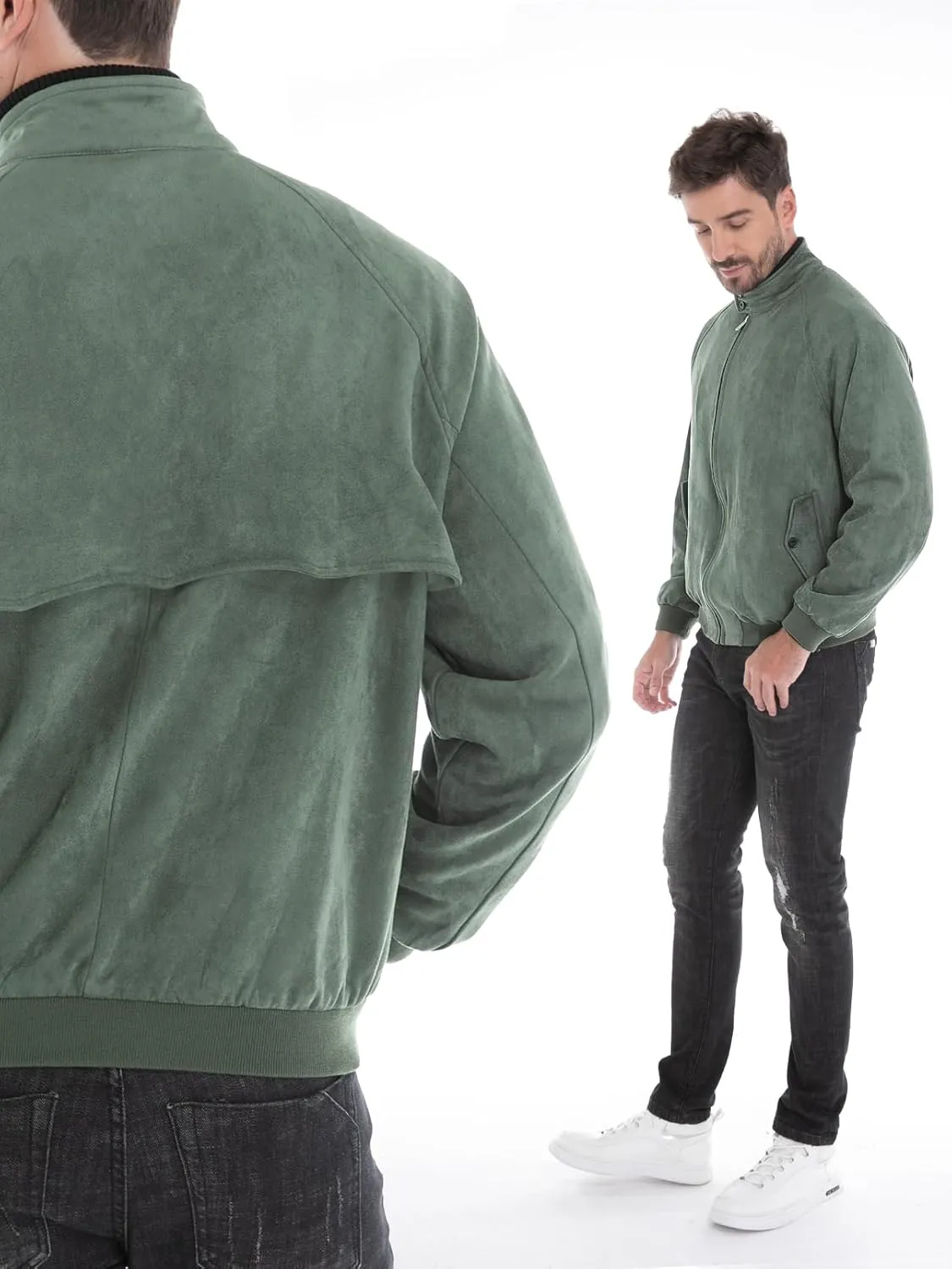 Mens Jacket, Casual Faux Suede Bomber Coat Classic Vintage Work Zip Lightweight
