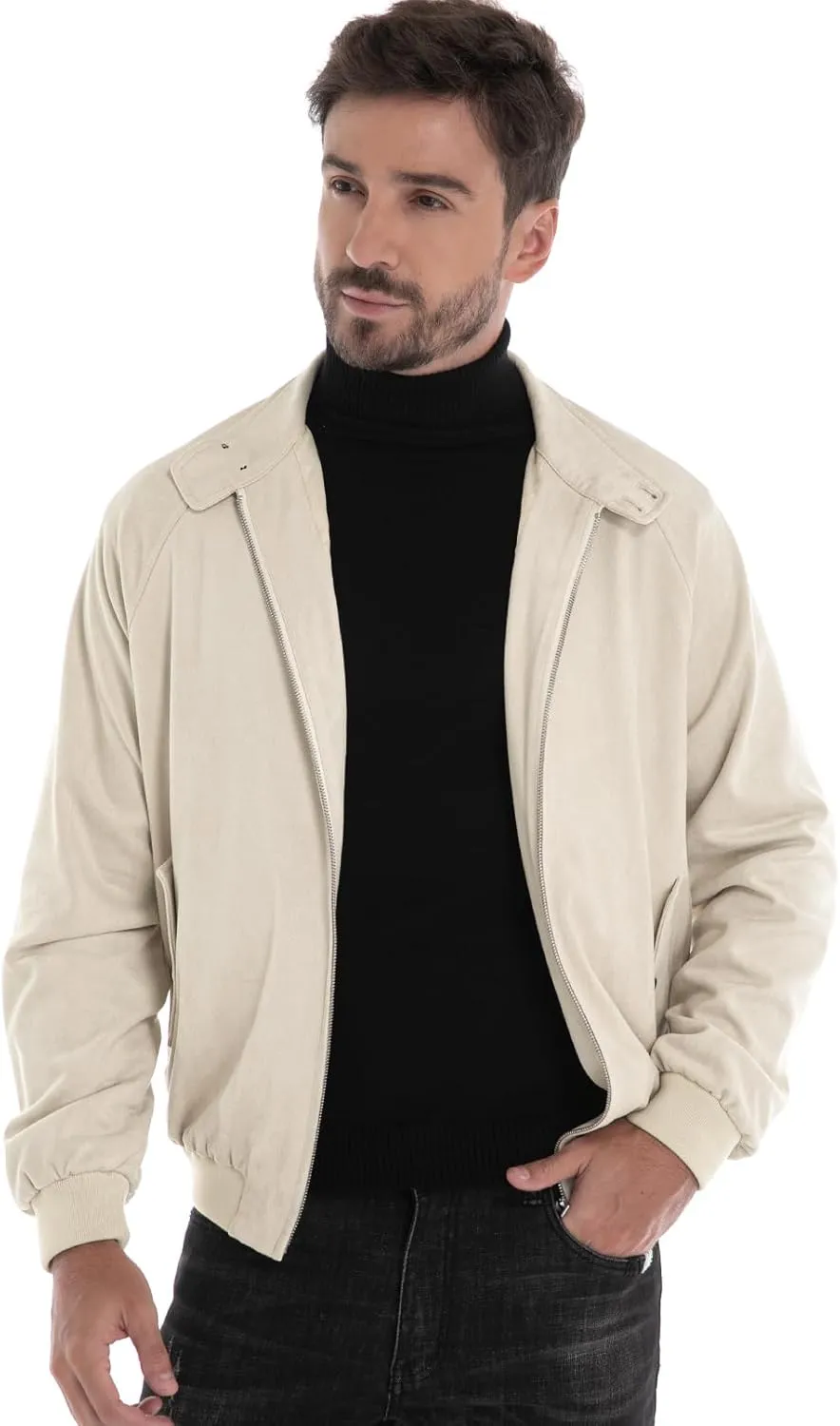 Mens Jacket, Casual Faux Suede Bomber Coat Classic Vintage Work Zip Lightweight