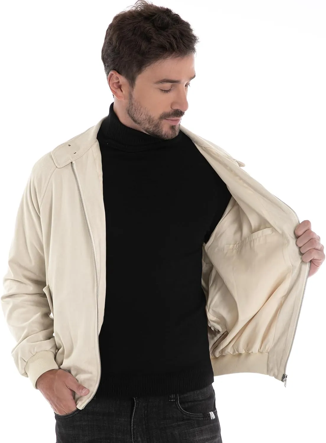 Mens Jacket, Casual Faux Suede Bomber Coat Classic Vintage Work Zip Lightweight