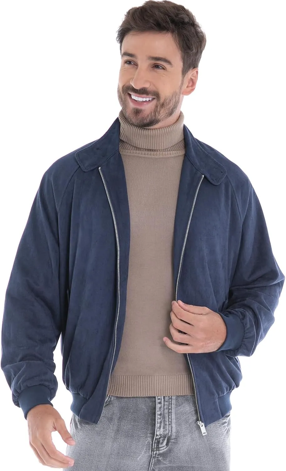 Mens Jacket, Casual Faux Suede Bomber Coat Classic Vintage Work Zip Lightweight