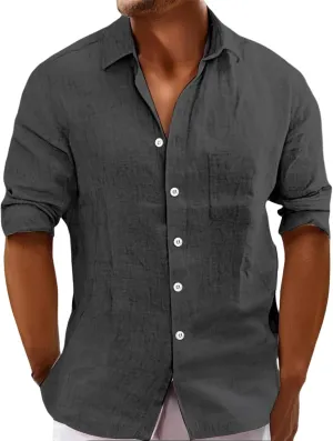 Men's Linen Shirt Long Sleeve Casual Shirt Loose Plus Size Solid Color Lapel T-Shirts Summer Beach Tops
