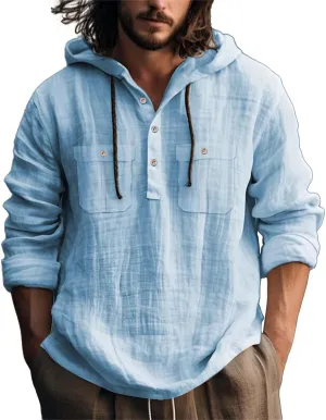 Mens Linen Shirts Long Sleeve Plain Drawstring Half Button Hooded Shirt Summer Casual Beach Hoodie Tops with Pockets