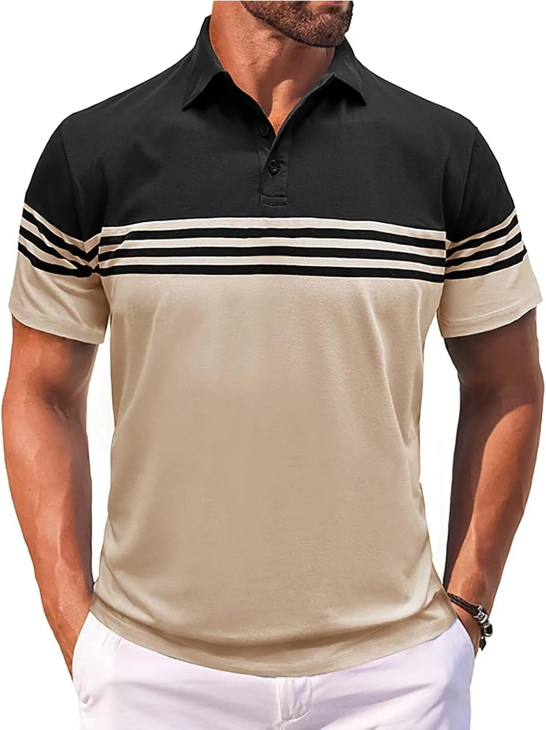 Mens Polo Shirt Collared Tees Lightweight Business Shirts Work Short Sleeve Striped Ripstop Tshirts