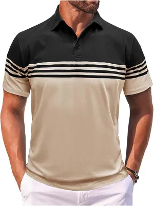Mens Polo Shirt Collared Tees Lightweight Business Shirts Work Short Sleeve Striped Ripstop Tshirts