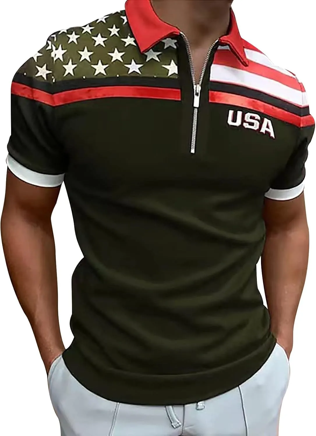 Men's Shirts Turn Down Collar American Flag Print Patriotic Shirts Slim Fit Short Sleeve Golfs Casual Tops for Men