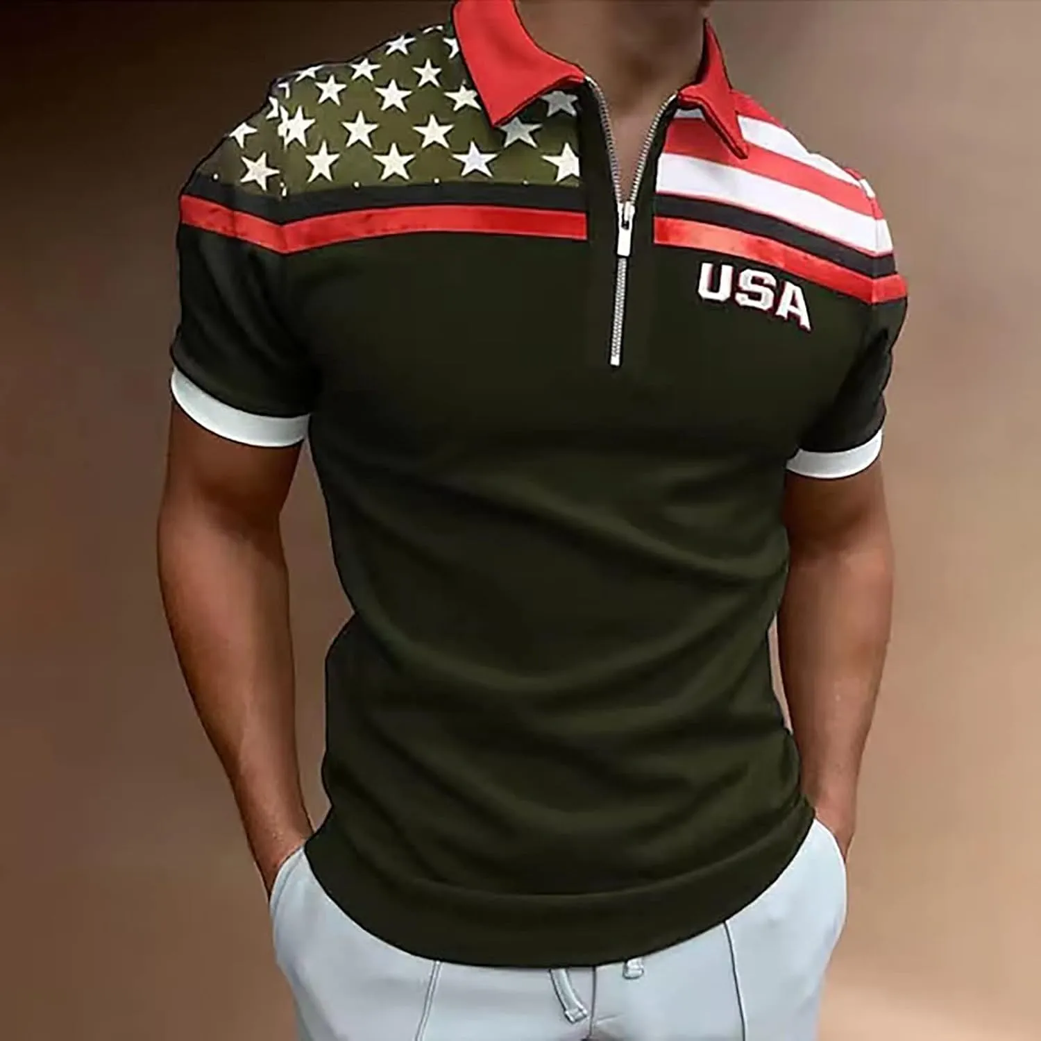 Men's Shirts Turn Down Collar American Flag Print Patriotic Shirts Slim Fit Short Sleeve Golfs Casual Tops for Men