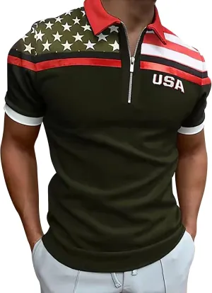 Men's Shirts Turn Down Collar American Flag Print Patriotic Shirts Slim Fit Short Sleeve Golfs Casual Tops for Men