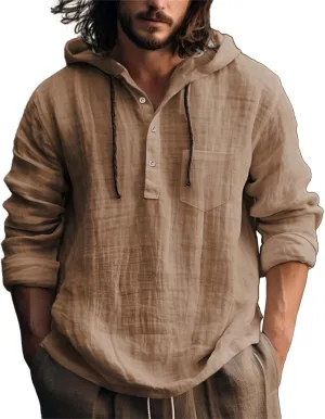 Mens Solid Color Long Sleeve Hooded Shirts Lightweight Quarter Button Hoodie Casual Hippie Cool Tops for Spring Fall