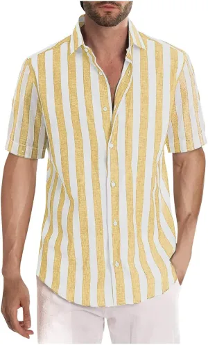 Mens Striped Button Shirts Fashion Casual Short Sleeve Button Up Shirts Loose Comfy Turndown Collar Blouse