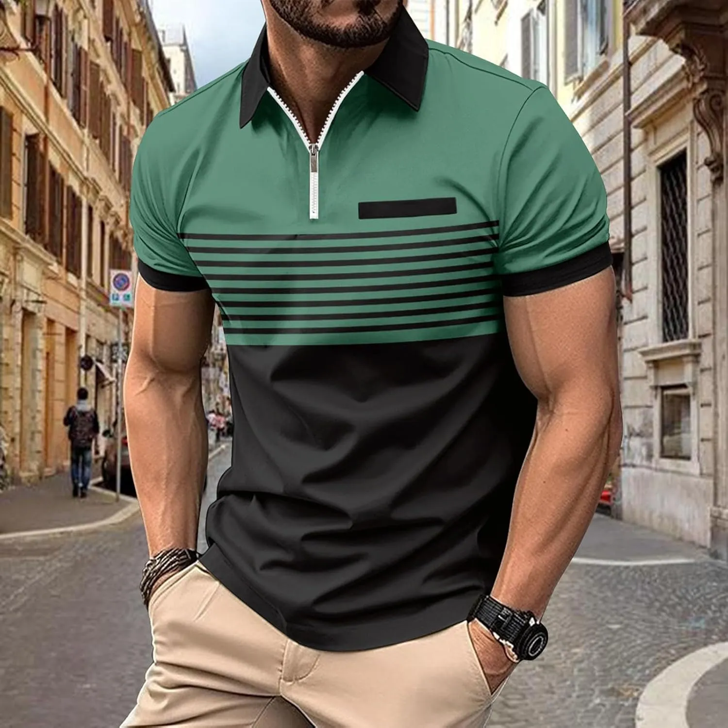 Mens Striped Polo Shirts Short Sleeve Button Up T Shirts for Men Summer Bussiness Leisure Shirts Golf Tops