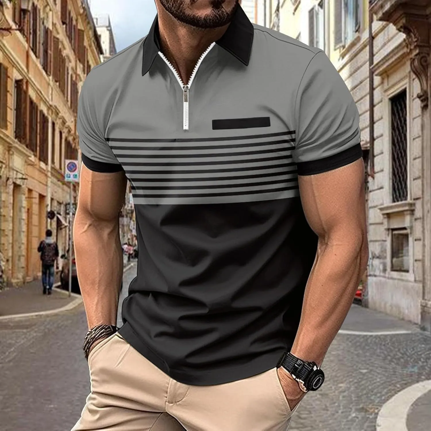 Mens Striped Polo Shirts Short Sleeve Button Up T Shirts for Men Summer Bussiness Leisure Shirts Golf Tops